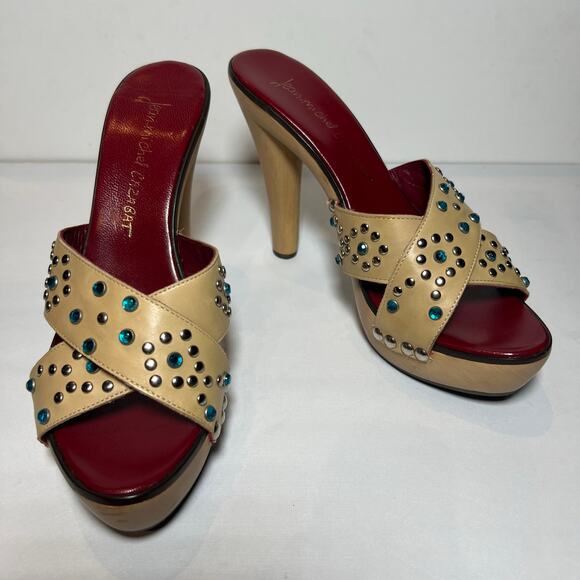 Jean-Michel Cazabat Platform Sandals Tan Leather Rhinestone 5 Inch Heel Size 7.5 - Picture 5 of 12